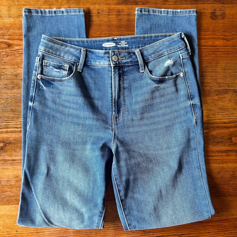 Old Navy HR Slim Straight Denim Distressed Jeans 8 Tall - Picture 2 of 5